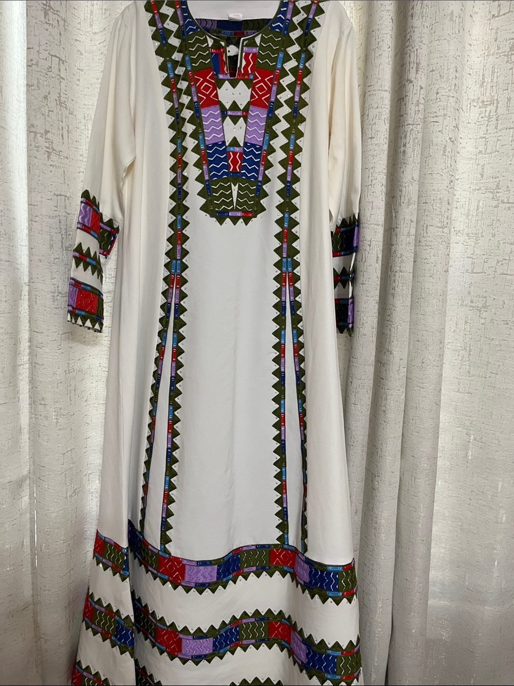 Embroidered White Maxi Dress with Multicolor Tribal Trim